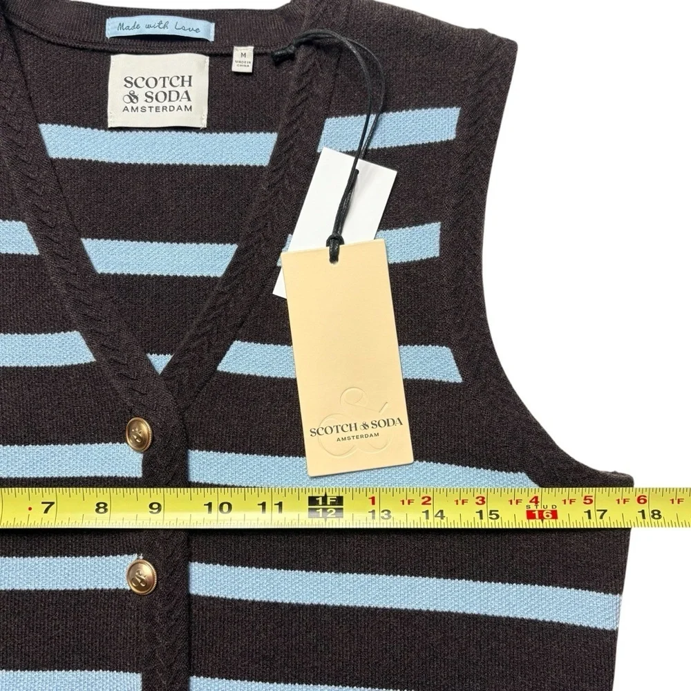 NWT Scotch & Soda Striped Knit Vest Hot Fudge Cerulean Gold Button M Cropped - Picture 3 of 10